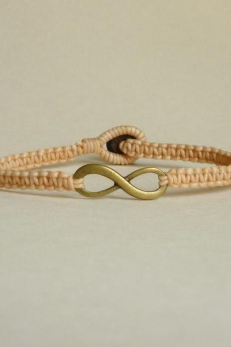 Tan Infinity - Simple Single Antique Brass Infinity Sign/eight Woven With Tan Wax Cord Bracelet / Wristband - Men Jewelry - Unisex