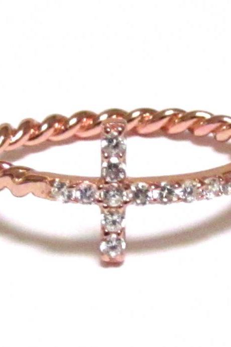 Sideways Cross Ring-rose Gold Over 925 Sterling Silver With Hand Set Cz Ring With Rope Band-size 8