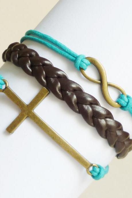 Brass Sideways Cross And Infinity Black And Blue Friendship Bracelet - Gift Under 15