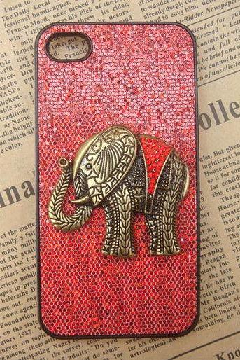 Steampunk Elephant Red bling glitter hard case For Apple iPhone 4 case iPhone 4s case