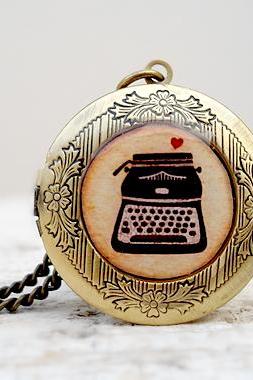 Vintage Style Resin Locket Necklace with Vintage Typewriter in Brown Beige with small Heart