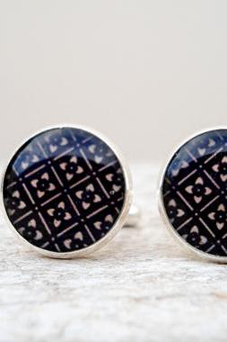 Silver Cuff Links with Classical Pattern in Black and Beige nude, gift for birthday
