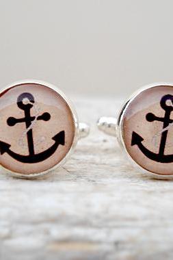 Nautical Silver Cuff Links, Anchor Cufflinks in Brown beige, Gift for him
