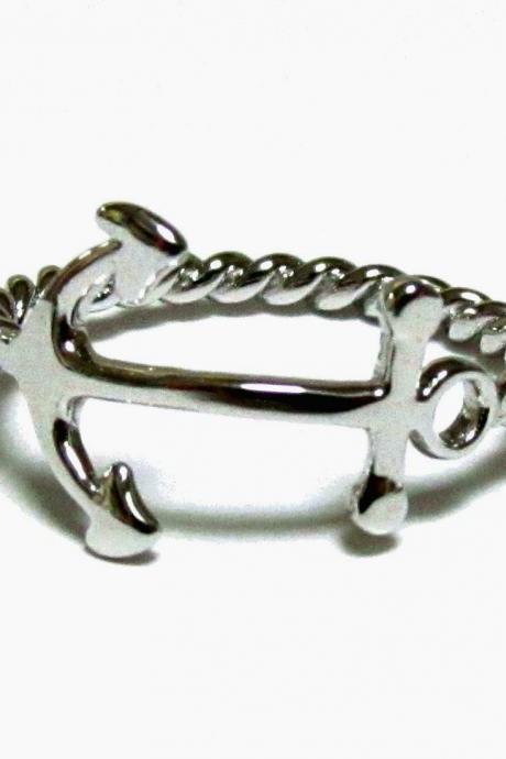 Anchor Ring-Rhodium Over 925 Sterling Silver With Rope Band-Size 8