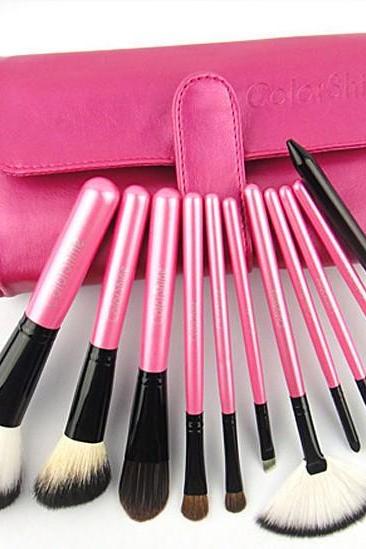 Fashion 11pcs Professional Portable Makeup Brushes Make Up Brushes Cosmetic Brushes Color Shine Makeup Brushes - Hot Pink