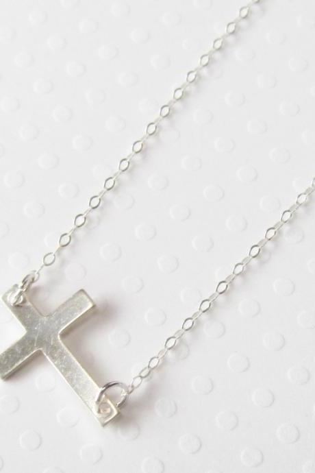 Sterling Silver Sideways Cross Necklace, Sterling Silver Necklace