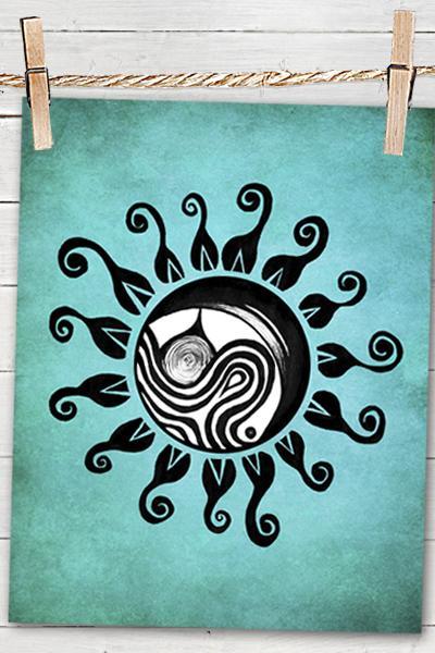 Poster Print 8x10 - Turquoise Ocean Sun - of Fine Art Illustration for Your Wall Decor