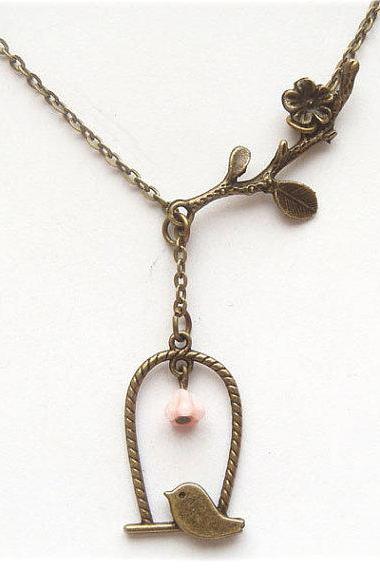 Antiqued Brass Branch Bird Necklace