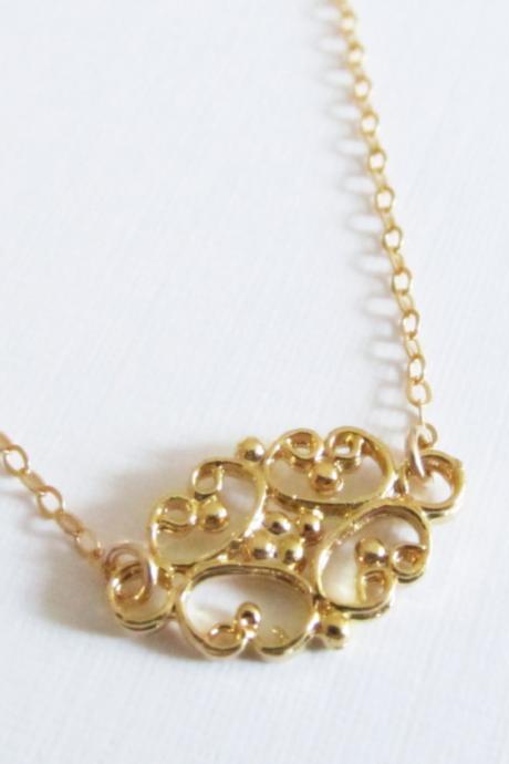 Gold Filligree Necklace, 14kt Gold Filled Necklace, Gift for Her