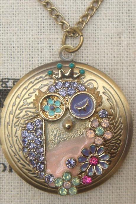 Steampunk Colorful Owl Locket Necklace Vintage Style Original Design