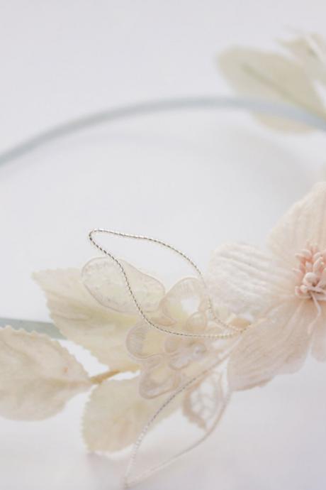bridal headband with velvet flowers, milinery flower headband