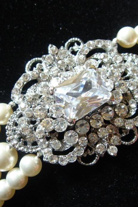 Vichy Jazz Age Inspired Statement Pearl and Lace Crystal Bracelet