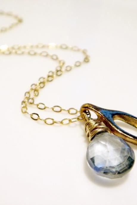 Gold Dipped Wishbone and Blue Quartz 14k Gold Filled Necklace
