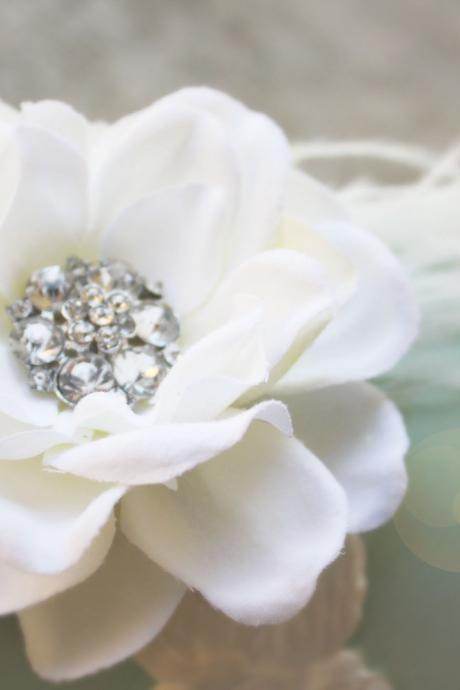 Bridal Clip, Wedding Accessories, Flower Clips Creamy Gardenia With Vintage Rhinestone