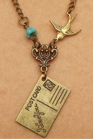 PostCard Bird and Flower Necklace