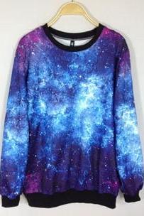 Chic Women's Galaxy Space Starry Print long Sleeve Top Round T Shirt Jumper Top