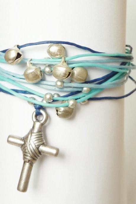 Silver Cross Blue Wrap Bracelet - Gift under 10 - Valentine Gift - Gift for Her