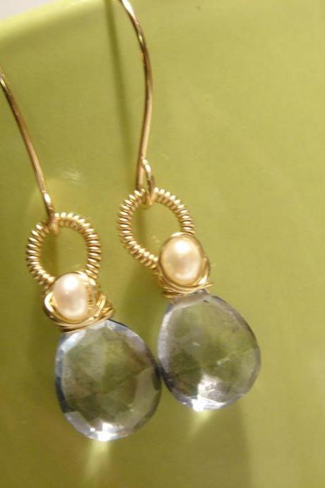 Lux Blue Quartz and Freshwater Pearl 14k Gold Filled Earrings