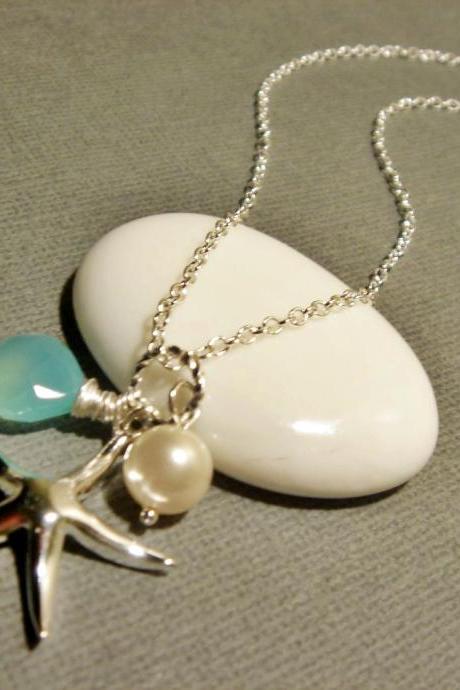 Beach Theme Wedding Chalcedony and Starfish Sterling Silver Necklace
