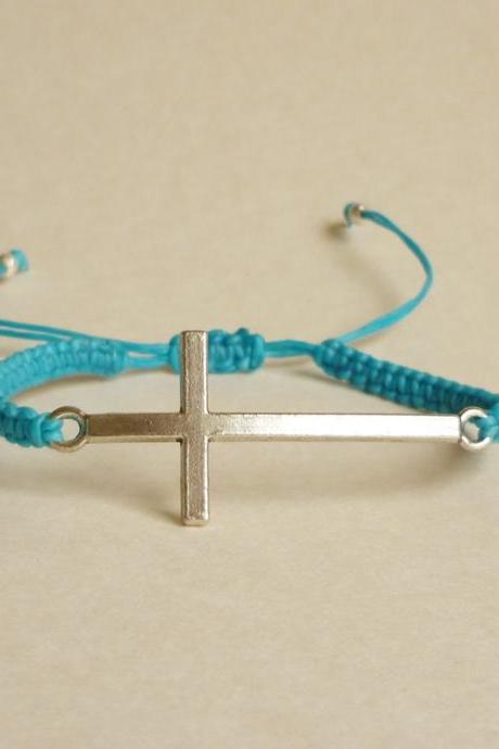 Silver Sideways Cross Blue Friendship Bracelet With Adjustable Style - Gift For Him - Gift Under 15 - Unisex