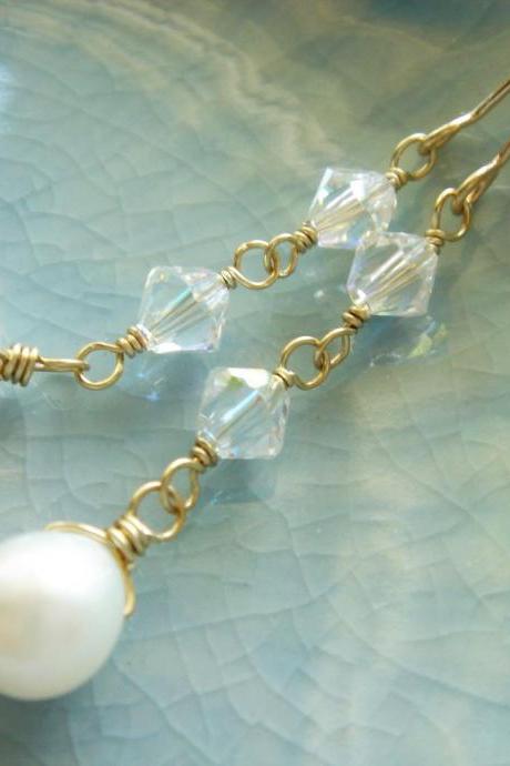Delicate Freshwater Pearl and Swarovski Crystal 14k Gold Filled Earrings