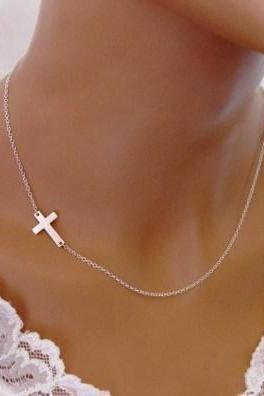 Stylish Celebrity Sideways Cross Necklace - Gold or Silver Plated