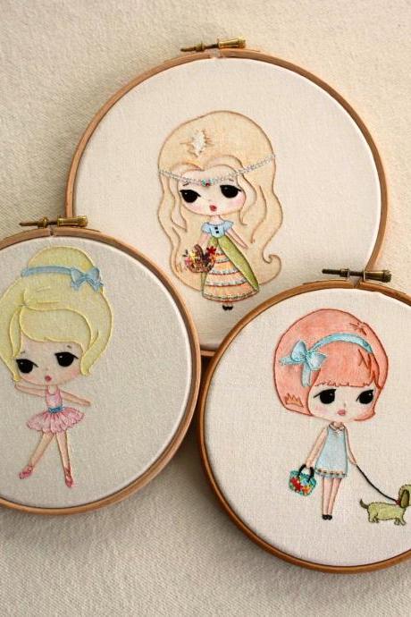 Set Of Three Embroidery Pdf Patterns - Ballerina, Princess And Walking The Dog
