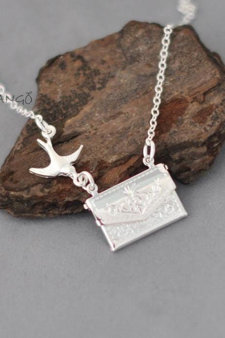 A Secret Message In An Envelope, Silver Envelope Necklace, Bird With Envelope Necklace, Silver Bird Charm, Shiny Silver Charms, Love Letter