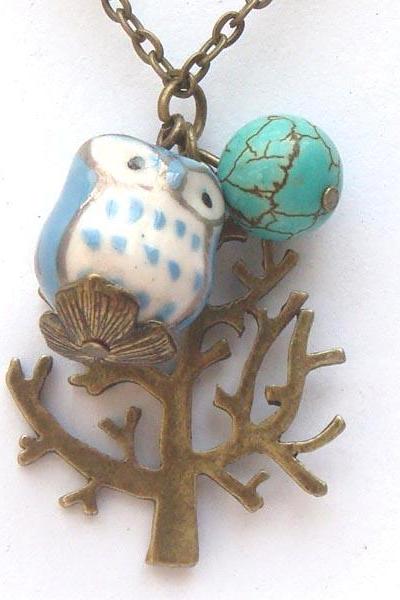 Antiqued Brass Tree Turquoise Quartz Porcelain Owl Necklace