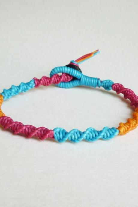 Spiral Macrame Friendship Bracelet in mix of Magenta Pink,Orange,Blue - Gift for Her - Gift under 10