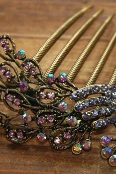 Gold Plated Lavender Rhinestone Peacock Hair Comb
