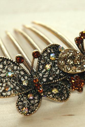 Amber Gold Rhinestone Butterfly Hair Comb