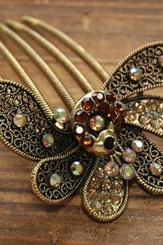 Gold Plated Amber Rhinestone Peacock Hair Comb