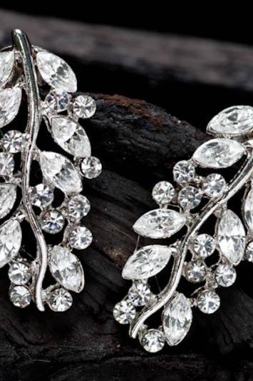 Leaves-Swarovski Crystal drop Earrings,925 Silver sterling post,bridal,clear color,wedding