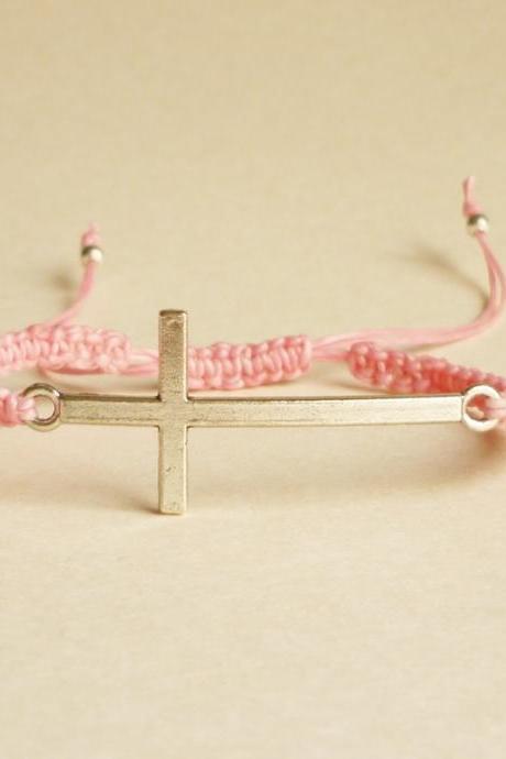 Silver Sideways Cross Pink Friendship Bracelet With Adjustable Style - Gift For Her - Gift Under 15 - Unisex