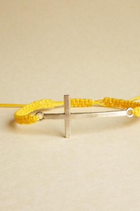 Silver Sideways Cross Yellow Friendship Bracelet With Adjustable Style - Gift For Her - Gift Under 15 - Unisex