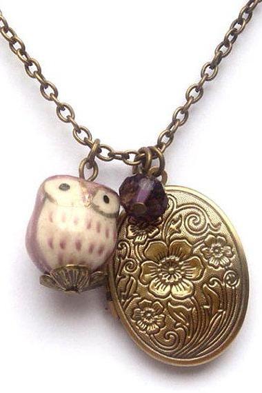 Antiqued Brass Locket Quartz Porcelain Owl Necklace