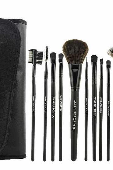 New12 PCS Professioal Makeup Brush Set With Black Leather Case - Black