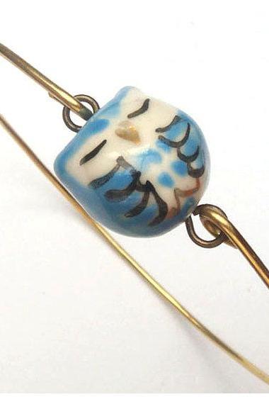 Brass Blue Porcelain Owl Bracelet