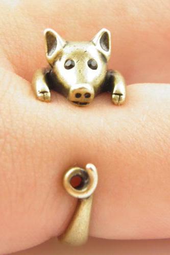 Lucky Pig Animal Wrap Ring - Gold