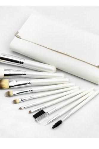10pcs Set Professional Cosmetic Make-up Brushes With Leather Bag - White