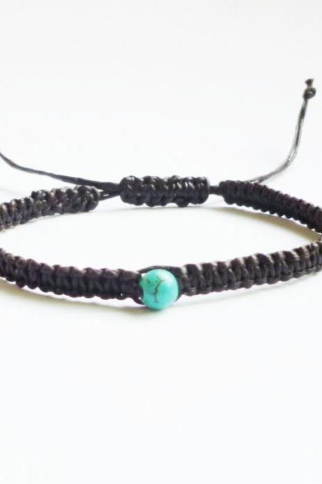 Blue Turquoise Bead In Black Friendship Bracelet With Adjustable Style - Gift For Him - Gift Under 10 - Unisex