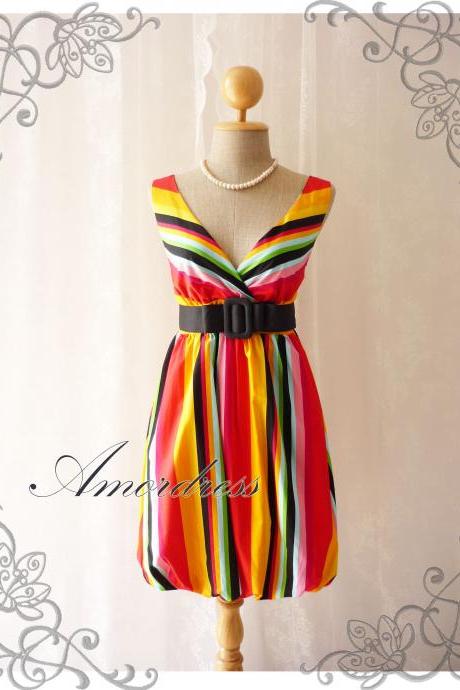 Rainbow Bright- Colorful Summer Dress Stripe Dress Party Popping Tea Dress Party Event Everyday Dress Pumpkin Hem -s-m-