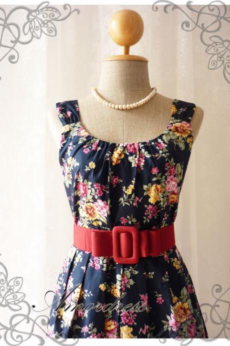 Blooming - Exotic Floral Dress Navy Dress with Yellow Pink Floral Summer Perfection Tea Dress Party Garden Wedding Cocktail Dress -S-M-