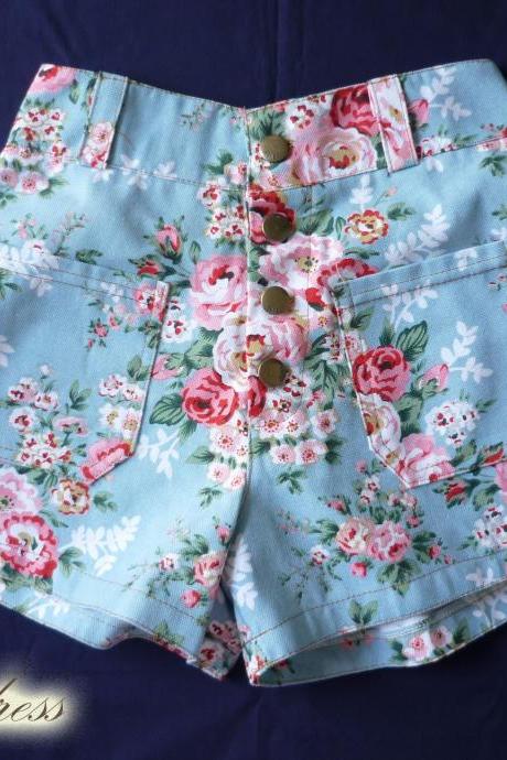 High Waist Shorts Floral Shorts Blue with Pink Floral Inspired Shabby Chic Shorts - -Size S-M- 12'SHORT LENGTH