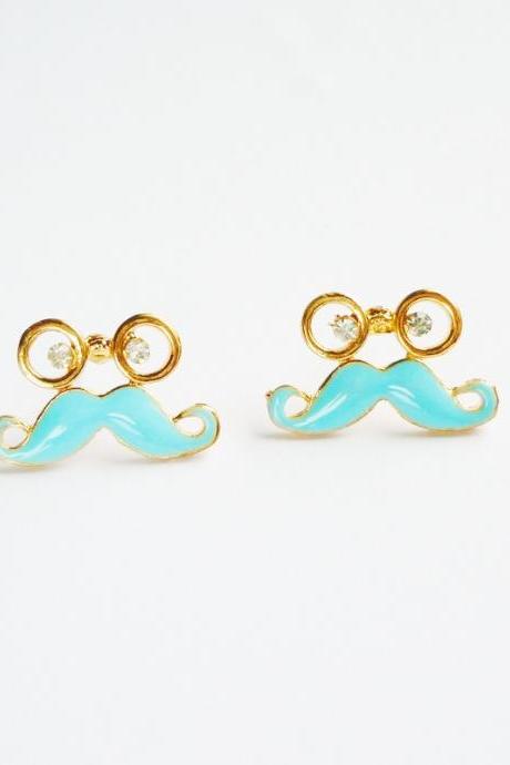 Glasses and Blue Mustache Stud Earrings - Gift for Her - Gift under 10