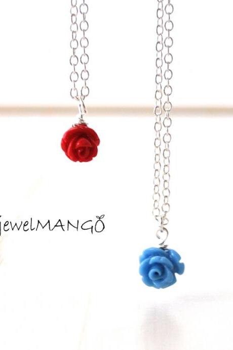 flower necklace Vintage style Jewelry skyblue, Red, Garden Rose Charm, small flower, rose charm necklace