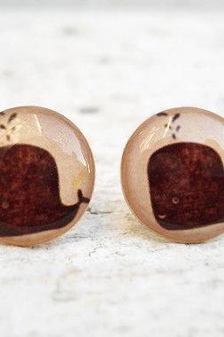 Whale Earrings Brown Beige, Small Studs Posts, Nautical Jewelry