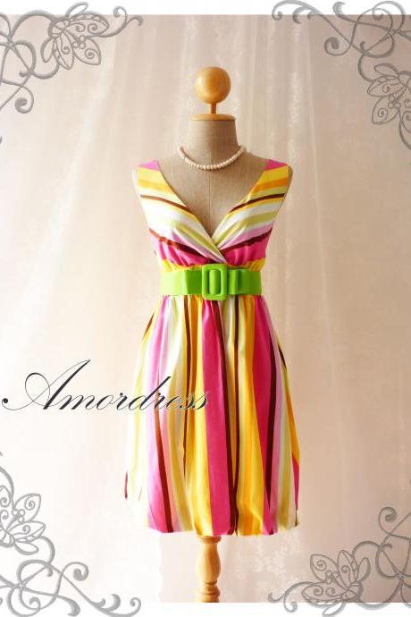 Rainbow Bright- Colorful Summer Dress Stripe Dress Party Popping Tea Dress Party Event Everyday Dress Pumpkin Hem Green Shade -S-M-
