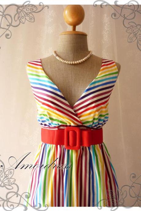 Rainbow Spectrum - Colorful Summer Dress Indigo Stripe Dress Party Popping Tea Dress Party Event Everyday Dress White Shade -s-m-